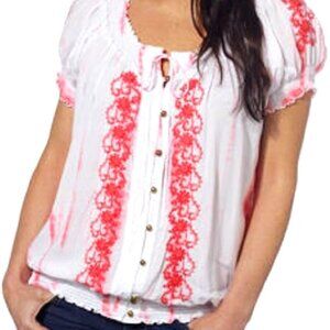 Fever White and Coral Small Boho Peasant Top Blouse Boho  Embroidery Lightweight